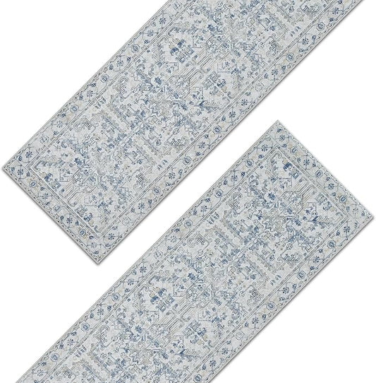 jinchan Kitchen Runner Rug 3x10-2pcs, Bohemian Hallway Washable Rug Floral Non Slip with Rubber Backing Vintage Carpet Runner for Bedroom Bathroom Laundry Room Living Room Decor Blue
