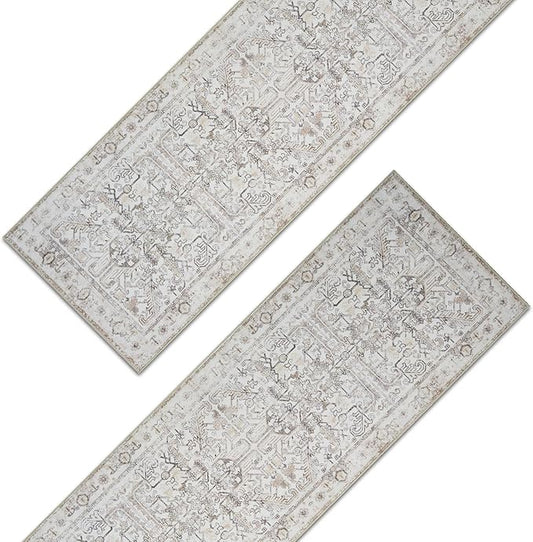 jinchan Kitchen Runner Rug 2x8-2pcs, Bohemian Hallway Washable Rug Floral Non Slip with Rubber Backing Vintage Carpet Runner for Bedroom Bathroom Laundry Room Living Room Beige