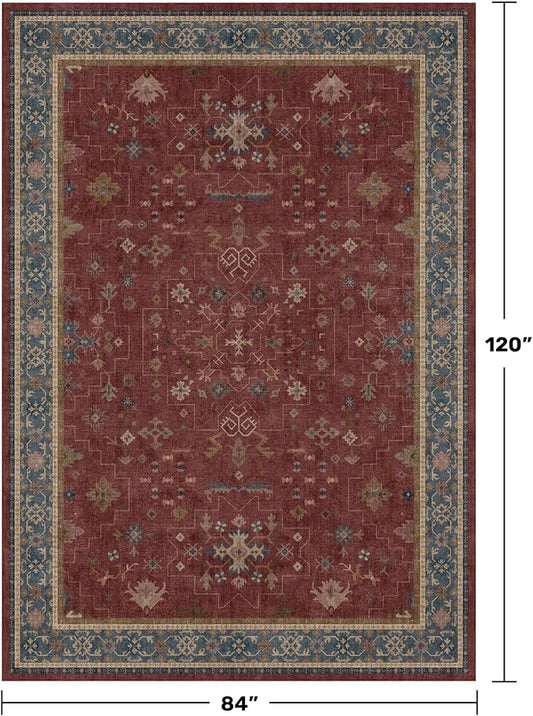Oriental 7x10 Large Area Rugs for Bedroom Under Bed - Burgundy Rug for Living Room, Dining Room Under Kitchen Table, Washable Soft Non Slip Boho Indoor Décor