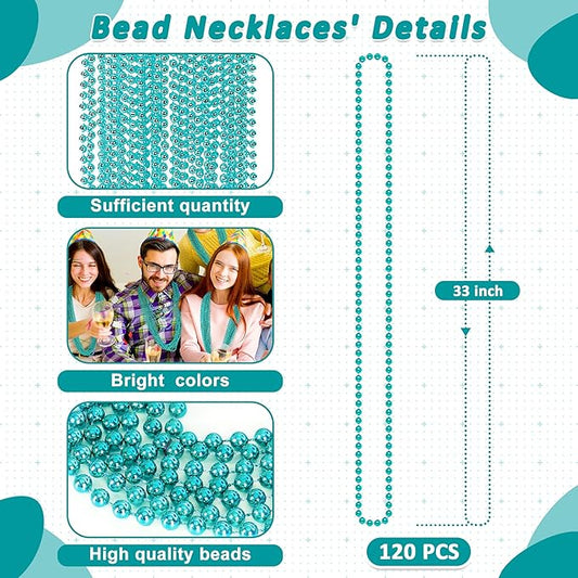Mardi Gras Beads, 120 PCS Mardi Gras Accessories, 33" Bead Necklaces, Lakeblue Party Beads Parade Throws Bulk Women Men Party Favors for Party Parade Event Festival Pirate Birthday