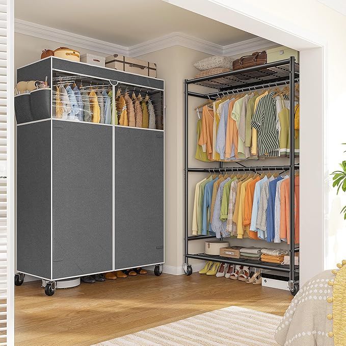 Raybee 80.32" H Clothes Rack with Cover,Rolling Clothing Racks for Hanging Clothes with Wheels,Heavy Duty Portable Garment Rack 35.4" Wx15.75 Dx80.32 H,Black