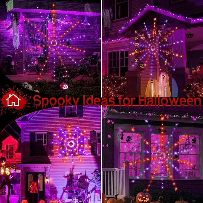 Ollny Spider Web Decoration 6.6FT 126 LED, Orange and Purple Halloween Lights with Black Spider Battery Powered 8 Modes Timer, Waterproof Cobweb String Light for Outdoor Indoor House Yard Party