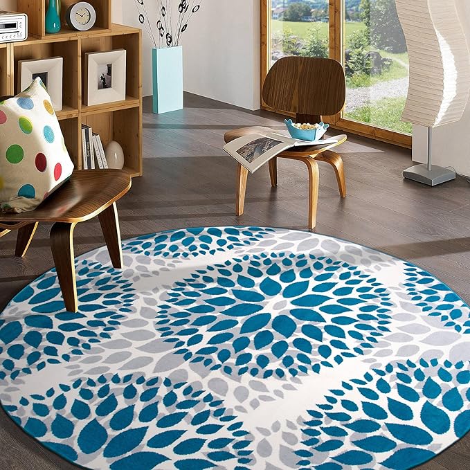 Rugshop Modern Blue Floral Circles Design Area Rug – Elegant Non-Shedding, 6'6" Round for Living Room, Bedroom, Dining Room, Kitchen