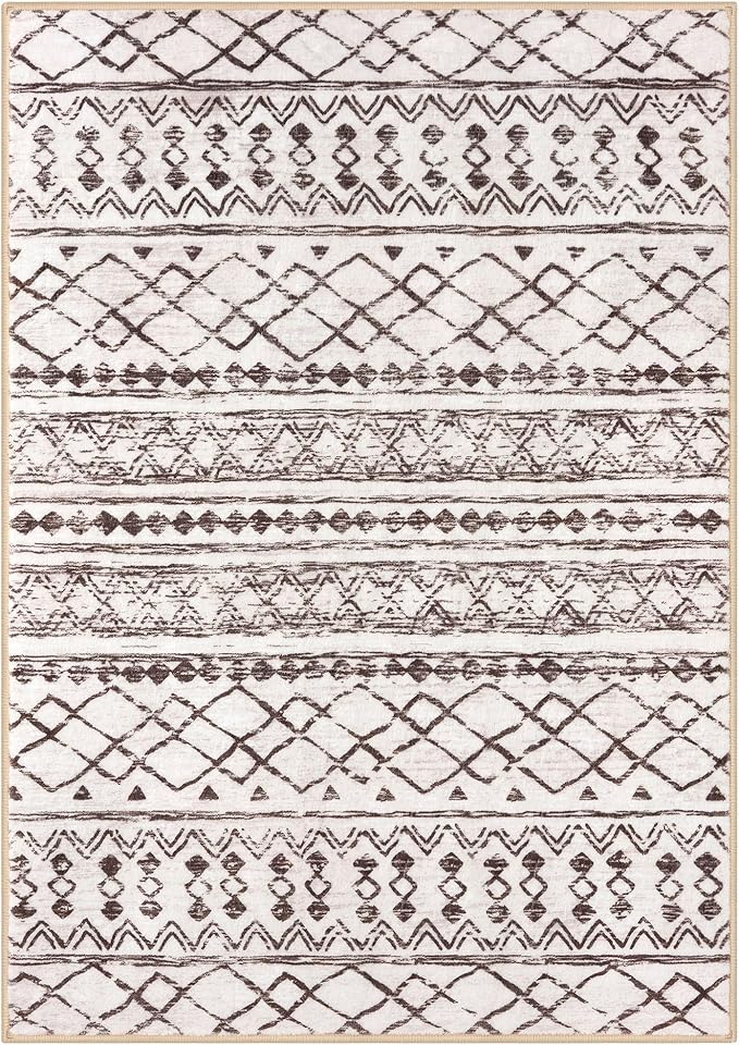 KUTA 5x7 Area Rugs Boho Brown Cream Washable Rug Non-Slip, Ultra Soft Geometric Print Distressed Traditional Moroccan Farmhouse Carpet for Living Room Dining Room Bedroom Dorm Office Home Decor