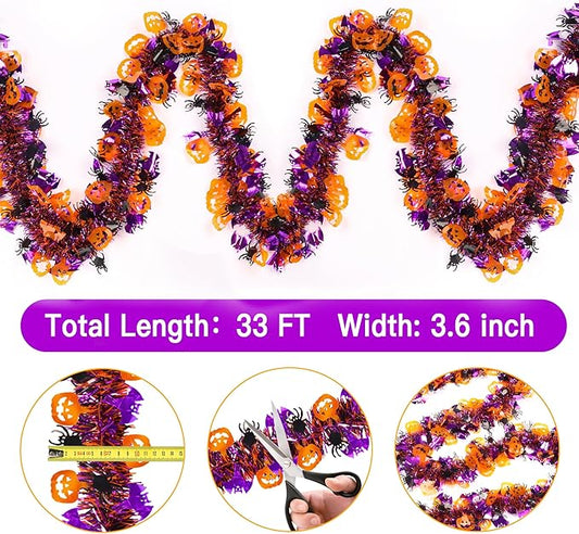 33FT Spooky Halloween Tinsel Garland with Pumpkin Bat Spider Ornament, Shiny Metallic Twist Garland Outdoor Indoor Halloween Decorations for Home Table Office Classroom Fireplace Party Decor
