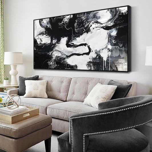 Large Black and White Abstract Canvas Wall Art With Black Wood Frames for Living Room Bedroom Home Office Modern Canvas Prints Framed Canvas Wall Art Size 30x60
