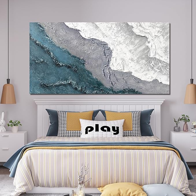 Canvas Wall Art Decor Large Blue White Wall Art Prints Abstract Canvas Art Wall Decor Abstract Oversized Artwork for Walls Coastal Modern Wall Art Decorations Bedroom Office Wall Art Decor 29" X 58"