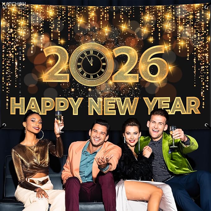 Katchon, Xtralarge Happy New Year Banner - 72x44 Inch | Happy New Year 2026 Banner for New Years Decorations 2026 | NYE Backdrop for New Years Eve Party Supplies 2026 | NYE Decorations 2026