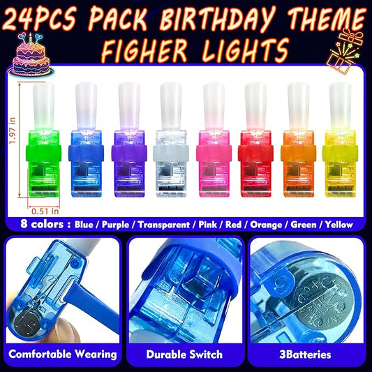 24PCS Neon Happy Birthday Party Favors LED Finger Lights:Glow-in-the-Dark Light-Up Toys Bulk for Kids 4-8-12,Goodie Bags for Kids Birthday Party Decorations Supplies, Classroom Prizes, Fun Gifts
