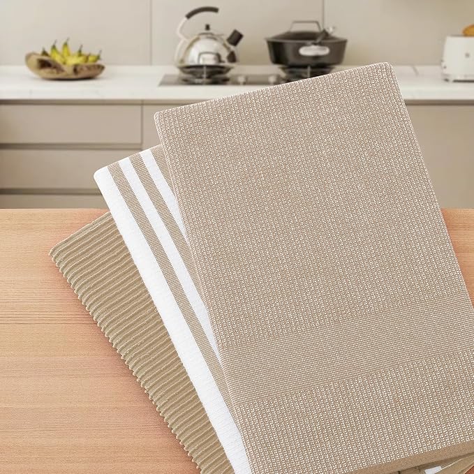 Homaxy Premium Kitchen Towels(18”x 28”, 9 Pack), Large Cotton 380 GSM Kitchen Hand Towels, Soft and Absorbent Terry Dish Towels, Multipurpose Tea Towel Set with Hanging Loop, Khaki