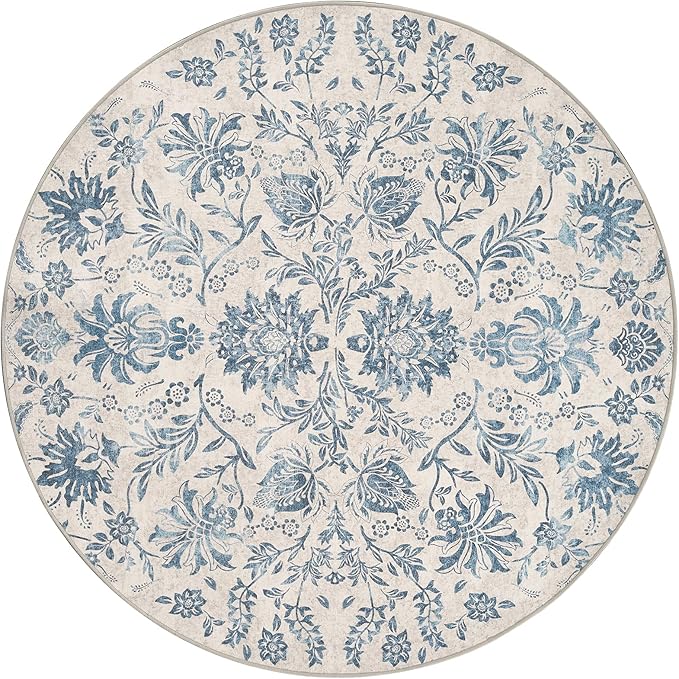 jinchan Classic Floral Round Rug 5ft, Vintage-Inspired Design 5’Circle Rug, Machine Washable Ultra-Thin Low-Pile Non-Slip Indoor Carpet for Bedroom Dining Room Living Room Entryway, Dark Blue