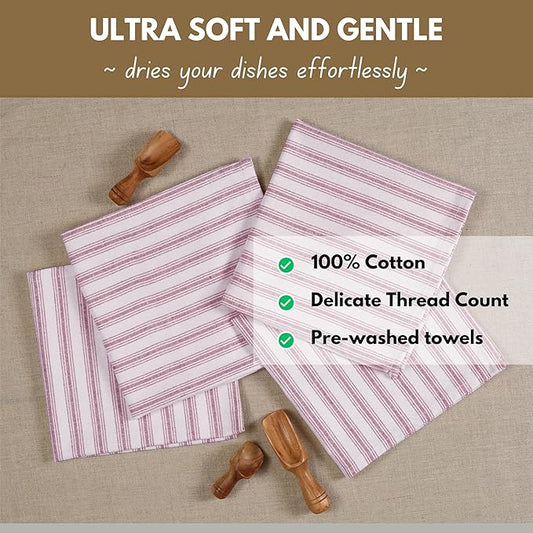 Native Fab Modern Stripe Kitchen Dish Towels, 100% Cotton, Super Absorbent, Quick Drying, 18x26 Inches - Reusable Hand Towels with Hanging Loop for Cleaning, Washing, 4 Pack, Burgundy (Maroon)