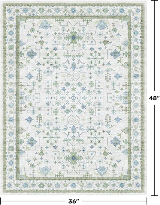 Blue and Green Washable Rugs 3x4 - Vintage Boho Floral Pastel Cream, Washable Low Pile Non Slip Small Throw Accent Area Rug for Bathroom, Door Mat Indoor Entrance, Kitchen, Bedroom Beside Bed Decor