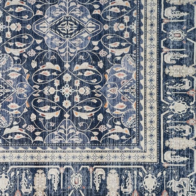 Blue 2'6''x8' Kitchen Runner Rug, Transitional Runners for Hallways Non Slip Washable, Low Pile Thin Entryway Runner Rug Indoor Foyer Mudroom Bathroom Bedroom, Floral Trellis Printed