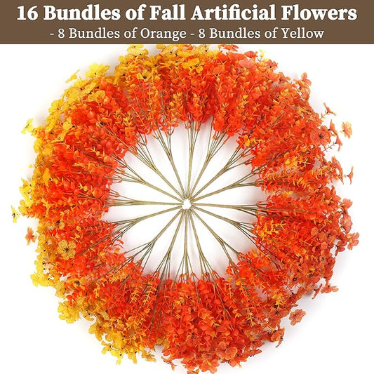 16 Bundles Artificial Mums for Outdoors/Indoors Faux Mums for Outdoor Planters, Eucalyptus Leaves Fall Flowers Artificial for Decoration Boxwood Garden Porch Window Home Wedding (Yellow&Red Orange)