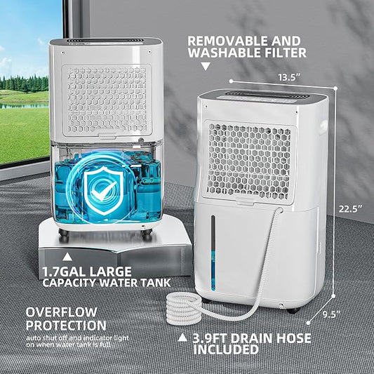 4500 Sq.Ft 70 Pint Dehumidifier for Basements and Home-with Drain Hose,1.7Gallon Water Tank,Intelligent Humidity Control,Dual Protection and 4 Modes,for Large room
