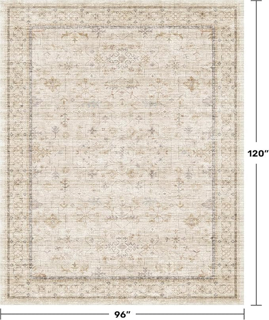 Washable Ivory Living Room Rug, 8x10 Non Slip Area Rugs for Bedroom, Dinning Room Under Table Low Pile Neutral Farmhouse Vintage Foldable Decor