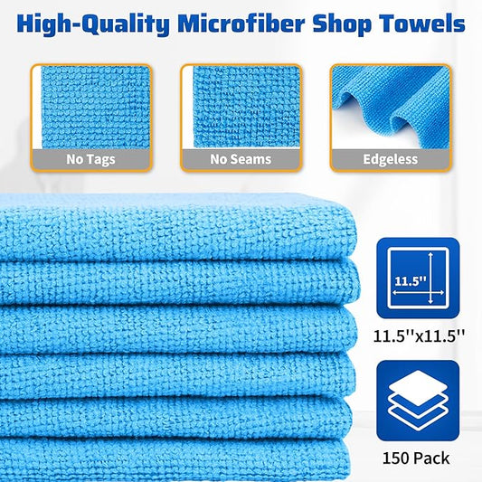 HOMERHYME Shop Towels, 150 Pack Cleaning Rags Microfiber Towels, Bulk All-Purpose Microfiber Cleaning Cloth Lint-Free Wipe Washcloth for Commercial Garage Automotive & Housekeeping 11.5"*11.5"