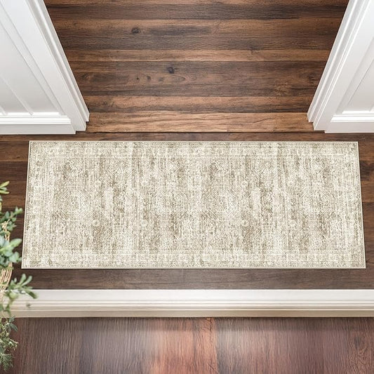 2x5 Rug Runner Washable for Entryway, Soft Bathroom Rugs with Non-Slip Backing, Abstract Low Pile Hallway Runner, Vintage Small Kitchen Carpet for Stair, Laundry Room(2'x5', Brown/Ivory)