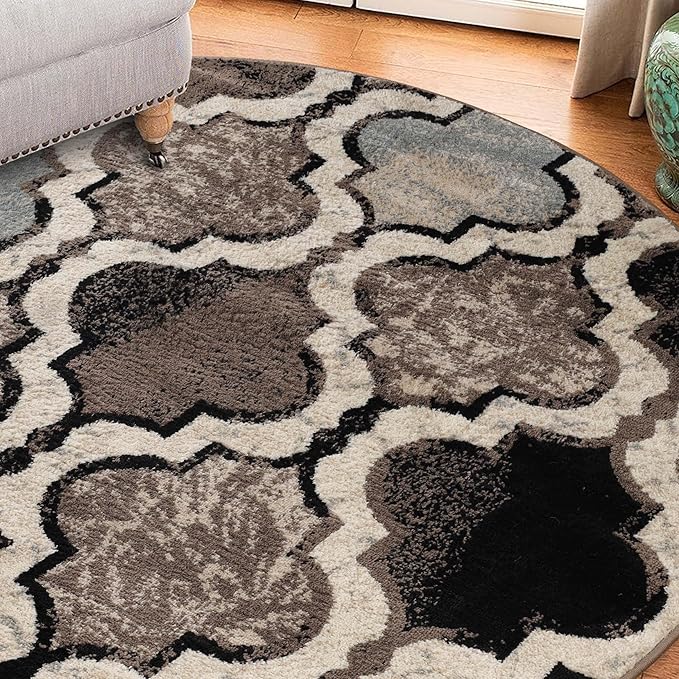 Superior Indoor Large Area Rug, Jute Backed, Perfect for Living/Dining Room, Bedroom, Office, Kitchen, Entryway, Modern Geometric Trellis Floor Decor, Viking Collection, 5' Round, Ivory