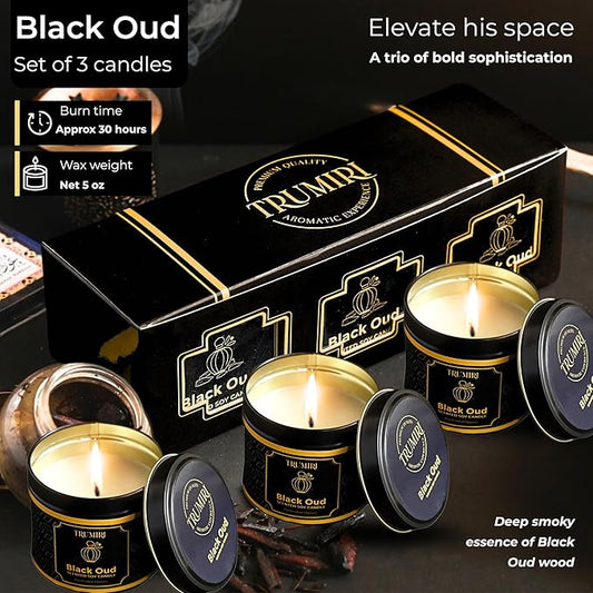 Black Oud Candle Highly Scented Soy Candel Natural Non Toxic Velas Aromáticas Gift for Men 5Oz Decorative Tin Jars with Lids Pack of 3