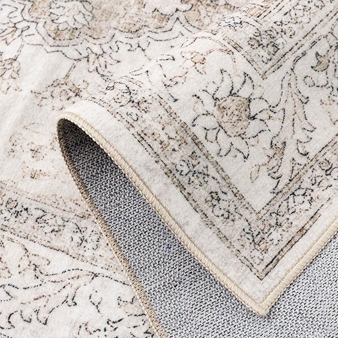Beige Runner Rug 2x6 Washable Vintage Long Carpet for Hallway Kitchen Soft Retro Low Pile Thin Indoor Runner Non Slip Oriental Medallion Throw Rug for Bathroom Bedroom Laundry Dining Room