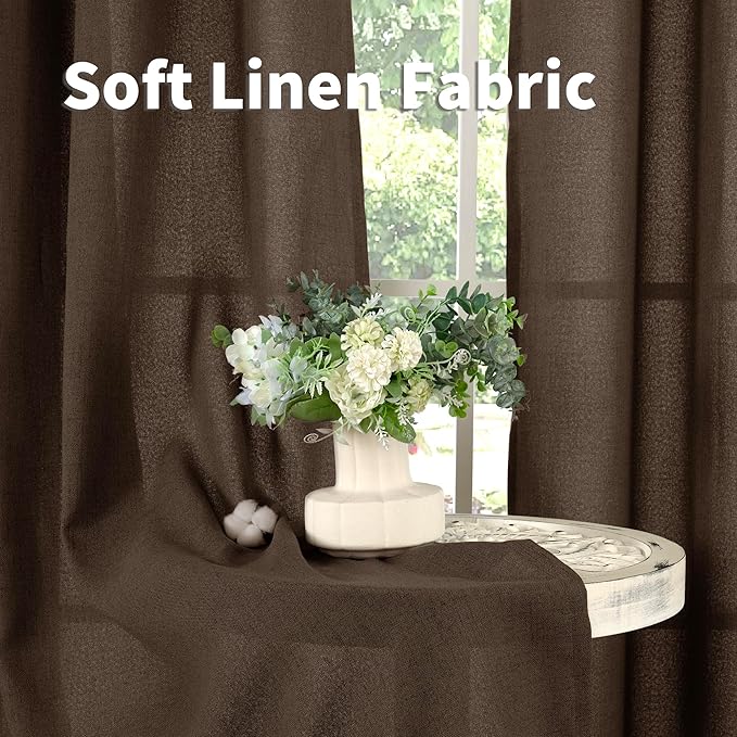 YoungsTex Brown Linen Curtains 48 Inch Length for Living Room Window, Light Filtering Drapes Semi Sheer with Bronze Grommet Privacy for Kitchen Bedroom, 42 x 48 Inch, 2 Panels