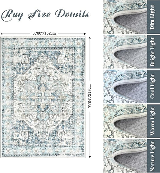 zesthome 5x7 Washable Rug-Stain Resistant Area Rugs for Living Room, Ultra-Thin Vintage Rugs, Non-Slip Backing Rug, Low Pile Large Area Rug, Boho Home Decor
