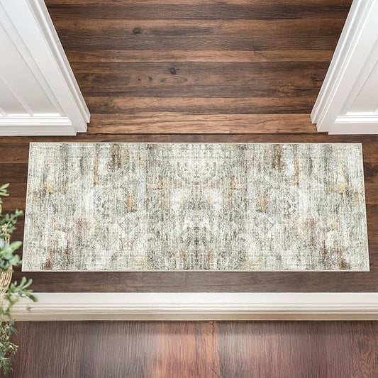2x5 Rug Runner Washable for Entryway, Soft Bathroom Rugs with Non-Slip Backing, Abstract Low Pile Hallway Runner, Vintage Small Kitchen Carpet for Stair, Laundry Room(2'x5', Grey/Rust)