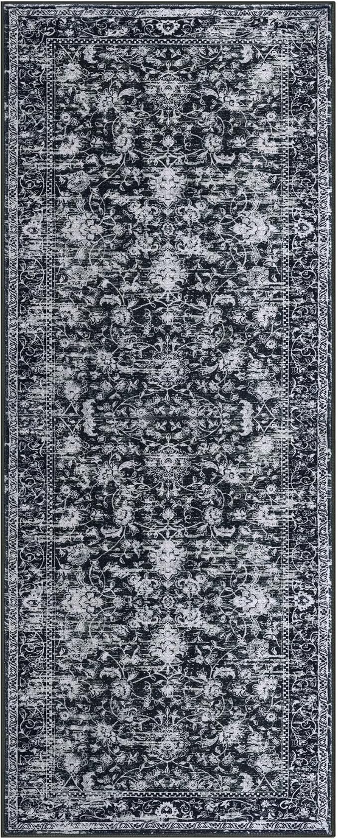 KILOCOCO Washable Runner 2x5 Rug Runner Printed Vintage Floral Kitchen Runners Non-Slip Rubber Backed Runners for Hallways Distressed Thin Soft Rugs for Entryway Laundry Room, Black/Navy/White