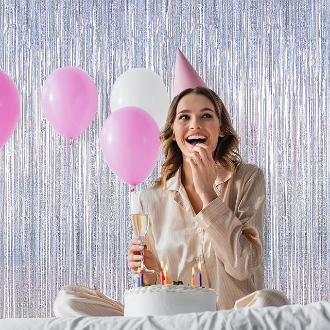 4 Pack NYE Silver Tinsel Foil Curtain, 3.28 FT x 7.05 FT Glitter Silver Tinsel Curtains, Metallic Foil Streamer Disco Fringe Backdrop Party Curtains, Birthday New Year Party Supplies Disco Decor