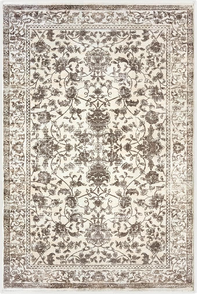 KILOCOCO Area Rug 3x5 Entryway Rug Washable Printed Vintage Floral Rubber Backed Non Slip Indoor Kitchen Rugs for Living Room Laundry Room Playroom Mudroom Moroccan Area Rugs, Beige/Brown