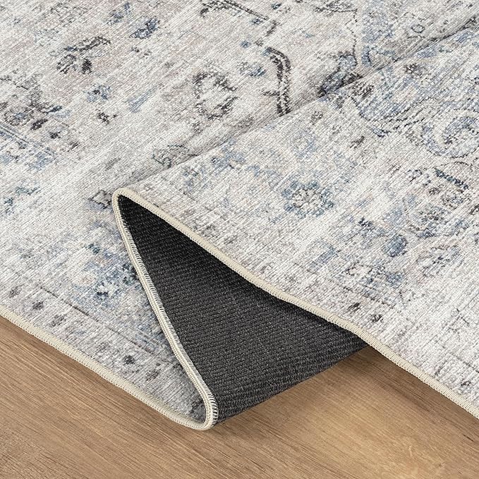 Bloom Rugs Caria Washable Non-Slip 5x7 Rug - Ivory/Blue/Gray Traditional Area Rug for Living Room, Bedroom, Dining Room, and Kitchen - Exact Size: 5' x 7'