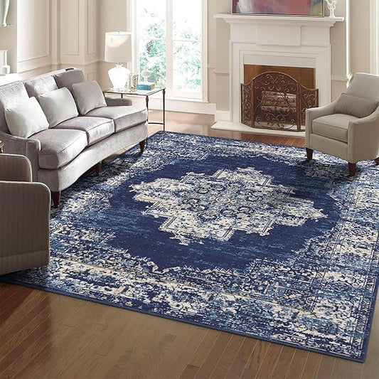 vivorug 5x7 Area Rugs - Ultra-Thin Washable Rug with Non-Slip Backing, Ideal for Living Room, Bedroom, Kitchen Floor Carpet - Vintage, Easy Clean, Durable, Navy Blue