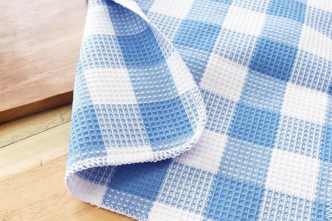 Waffle Weave Plaid Dish Cloths, 100% Cotton - 12 x 12 Inches, Ultra Soft Absorbent Quick Drying Dish Towels Buffalo Check Dish Rags for Kitchen, 8 Pack - Fall Thanksgiving - Light Blue & White
