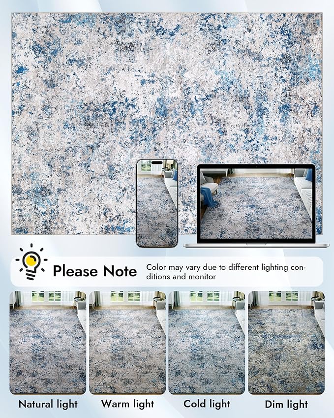 AUKOW Modern Abstract Washable Area Rugs - 3x5 Contemporary Soft Mat Stain Resistant Non Slip Low Pile Indoor Throw Rug for Bedroom Kitchen Office Chair Desk - Grey/Blue