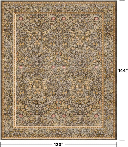 Washable Living Room Rug 10x12 - Brown Oriental Area Rug for Dining Room Under Table, Low Pile Non-Slip Floor Decor for Bedroom Under Bed - Vintage Earthy Design & Stain Resistance