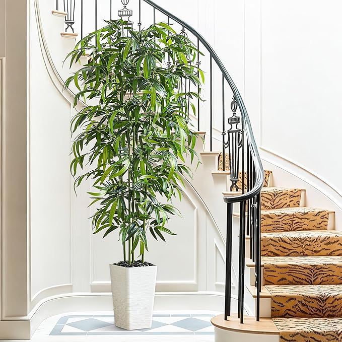 Artificial Bamboo Tree 6FT Tall Fake Plants Faux Bamboo Plant with White Tall Planter, Artificial Fake Trees Silk Plant with 5 Trunks and Lifelike Leaves for Home Office Indoor Outdoor Decor