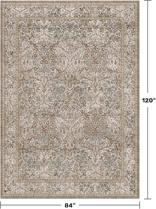 Hazo Haus Vintage Moss Green Living Room Rug, 7x10 Washable Large Area Rugs for Bedroom, Dining Room Rugs Under Kitchen Table, Oriental Taupe Low Pile Stain Resistant Non-Slip