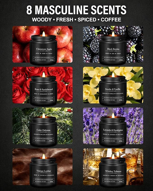 8 Pack Scented Candles for Men, Masculine Candle Gift Set with Smoky & Woody Scents, Soy Wax Aromatherapy Candles for Home, Valentine’s Day Gift for Him, Boyfriend