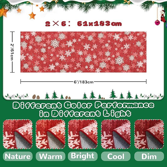 2x6 Runner Rug Non Slip for Entrance, Washable Christmas Kitchen Rugs, Ultra-Thin Snowflake Bathroom Rug Runner, Soft Red and White Christmas Decor Indoor(2'x6', Red/White)