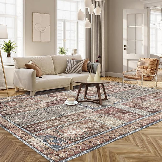 Vintage 9' x 12' Washable Area Rug - Stylish Indoor Rug for Living, Dining or Bedroom - Lightweight Carpet with Non-Slip Backing - Foldable for Easy Placement and Maintenance - Rust
