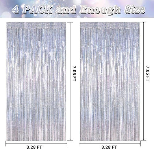 4 Pack NYE Silver Tinsel Foil Curtain, 3.28 FT x 7.05 FT Glitter Silver Tinsel Curtains, Metallic Foil Streamer Disco Fringe Backdrop Party Curtains, Birthday New Year Party Supplies Disco Decor