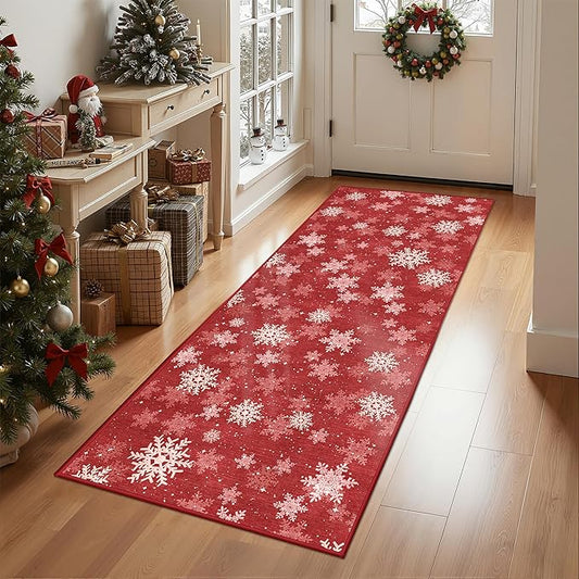 2x5 Christmas Runner Rug for Kitchen, Snowflake Rugs for Bathroom, Washable Hallway Runner with Non-Slip Backing, Soft Red and White Christmas Decor Indoor(2'x5', Red/White)