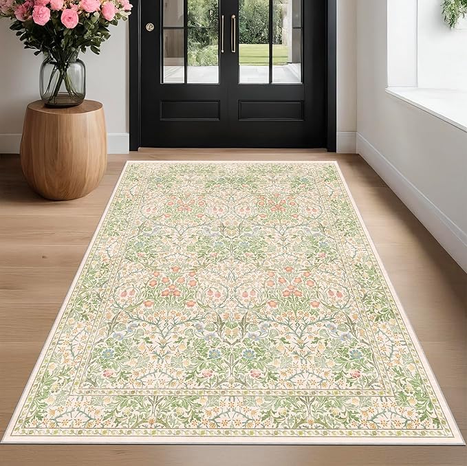 Hazo Haus Light Green Bedroom Rug 5x7 Area Rug for Living Room, Vintage Washable Floral Floor Mat for Nursery, Dining Room Low Pile Non Slip Stain Resistance Distressed Retro Indoor (5x7 Beige Green)