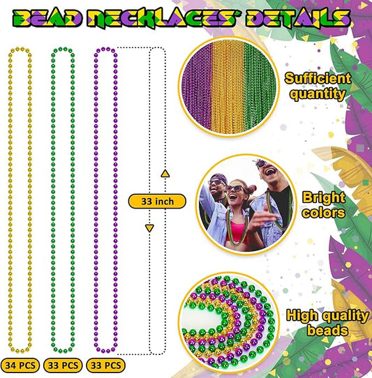 100PCS Mardi Gras Beads, Green Purple Gold Metallic Mardi Gras Beads Necklaces Accessories Bulk, Mardi Gras Carnival Beads Necklace Accessories for Parade Throws Party Decorations Supplies Favors