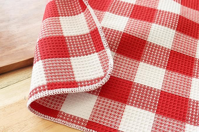 Waffle Weave Plaid Dish Cloths, 100% Cotton - 12 x 12 Inches, Ultra Soft Absorbent Quick Drying Dish Towels Buffalo Check Dish Rags for Kitchen, 8 Pack - Fall Thanksgiving - Red & White