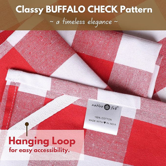 Native Fab 4-Pack Kitchen Towel with Hanging Loop 16x26 inches, Cotton Buffalo Check Kitchen Towels for Cleaning Drying, Washcloths Soft & Absorbent Cloth Rags, Bar Towel, Dish Cloth, Red