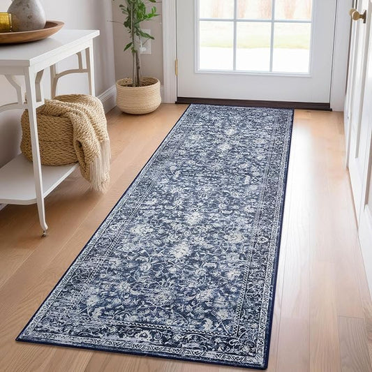 KILOCOCO Hallway Runner 2x5 Printed Vintage Floral Washable Kitchen Runner Rug Non-Slip Runners for Hallways Distressed Boho Runners for Bedroom Laundry Room, Navy Blue