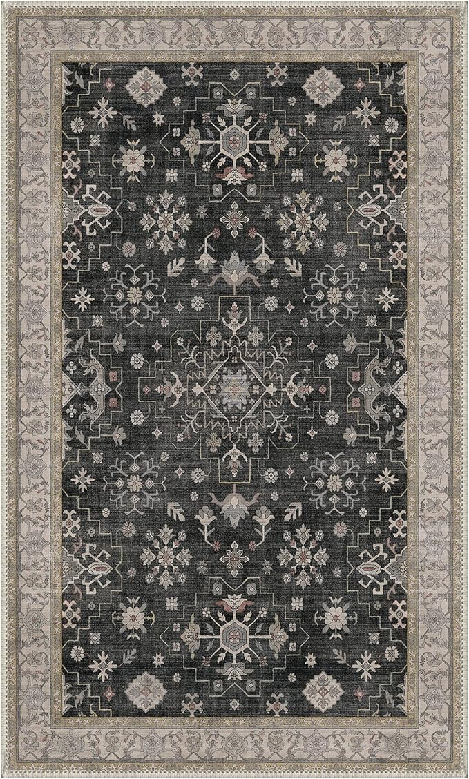 GENIMO 3x5 Area Rugs for Living Room,Machine Washable Non-Slip Vintage Rug, Low Pile Lightweight Carpet for Bedroom, Dining Room, Home Office, Stain & Fade Resistant,Black